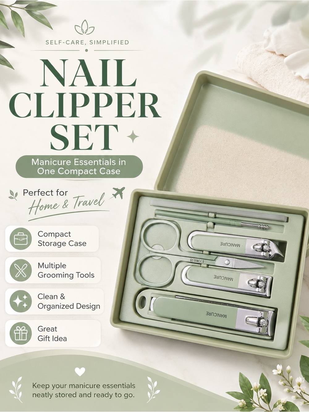 Manicure Nail Clipper Set in Sage Green - Compact Grooming Kit